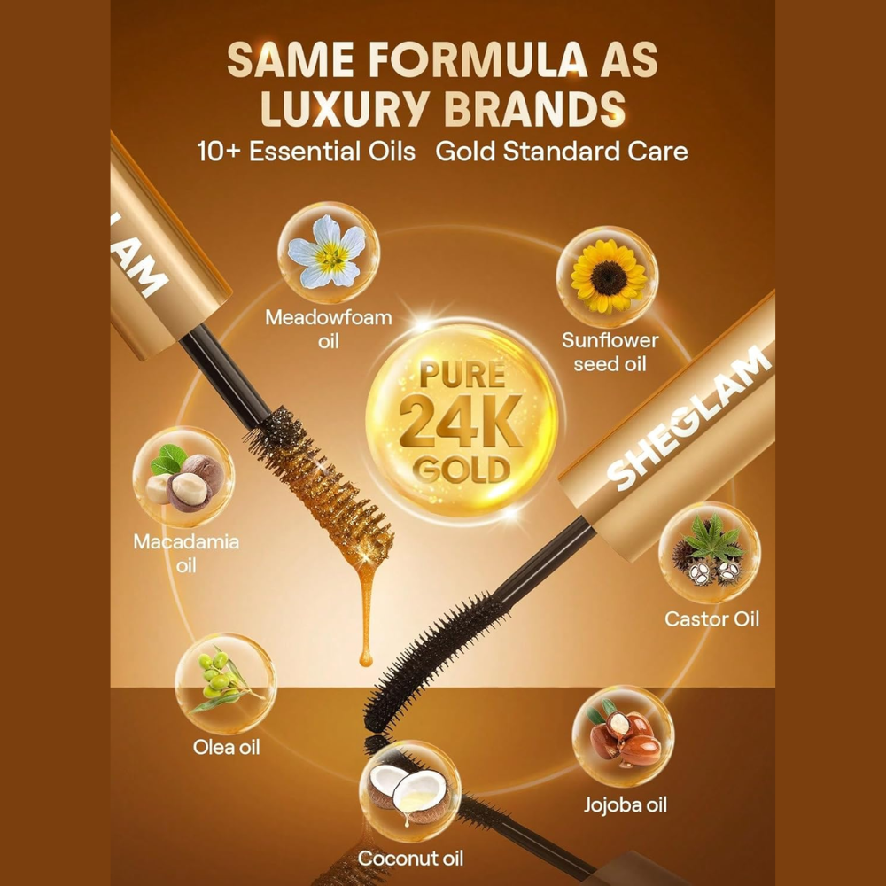 Sheglam 24K Multi Effect Waterproof Black Mascara showing a close-up of the brush and black mascara formula on lashes