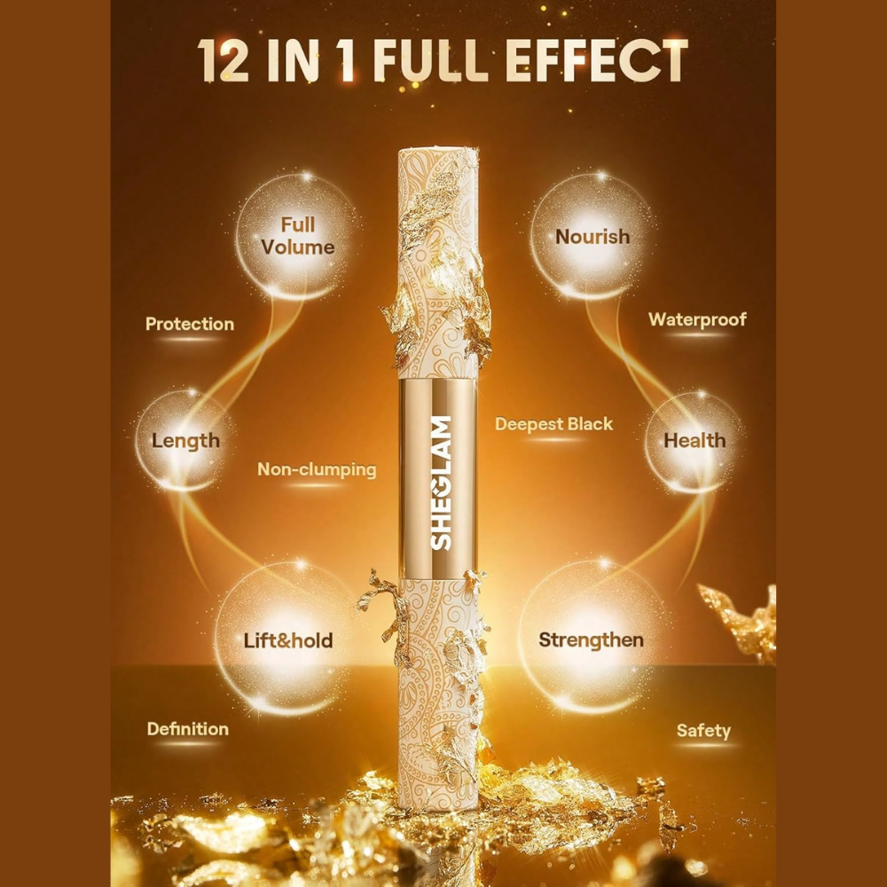 Sheglam 24K Multi Effect Waterproof Black Mascara showing the tube and a brush with volumizing black mascara on a white background.