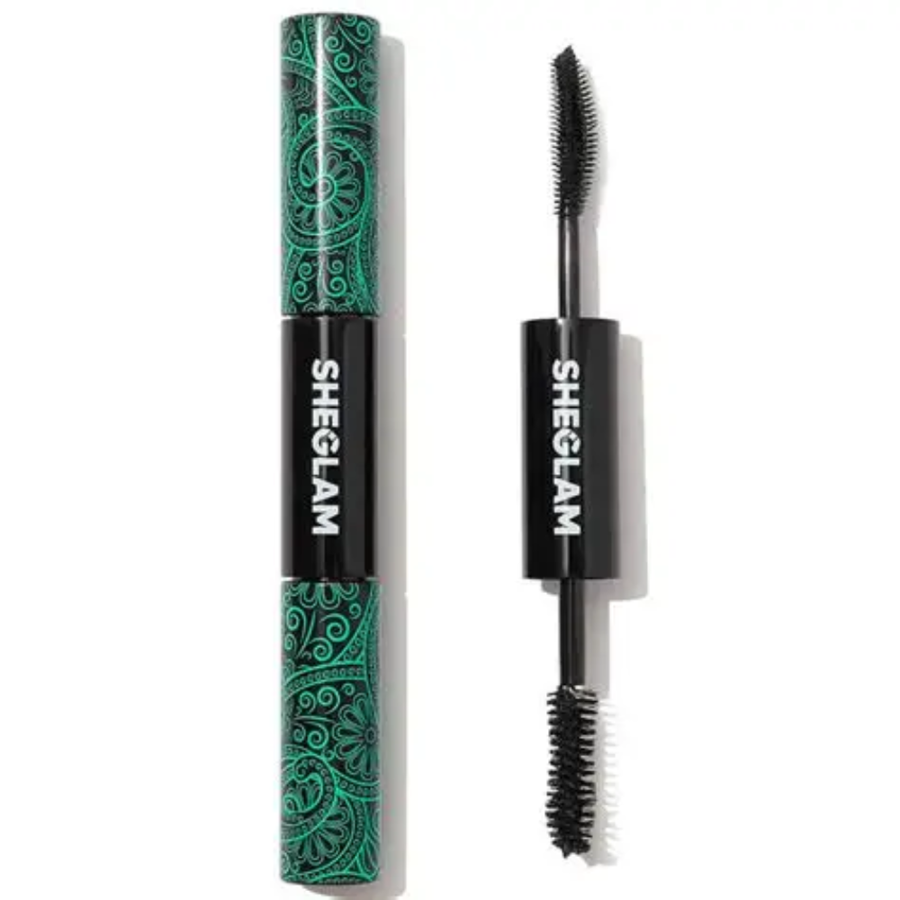 Sheglam All-In-1 Volume and Length Mascara with wand applying black mascara to eyelashes, showcasing full, voluminous lash look.