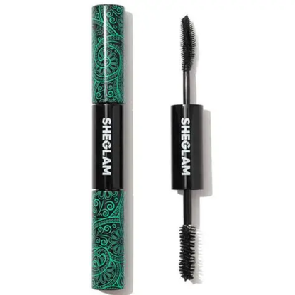 Sheglam All-In-1 Volume and Length Mascara with wand applying black mascara to eyelashes, showcasing full, voluminous lash look.