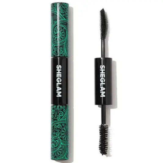 Sheglam All-In-1 Volume and Length Mascara with wand applying black mascara to eyelashes, showcasing full, voluminous lash look.