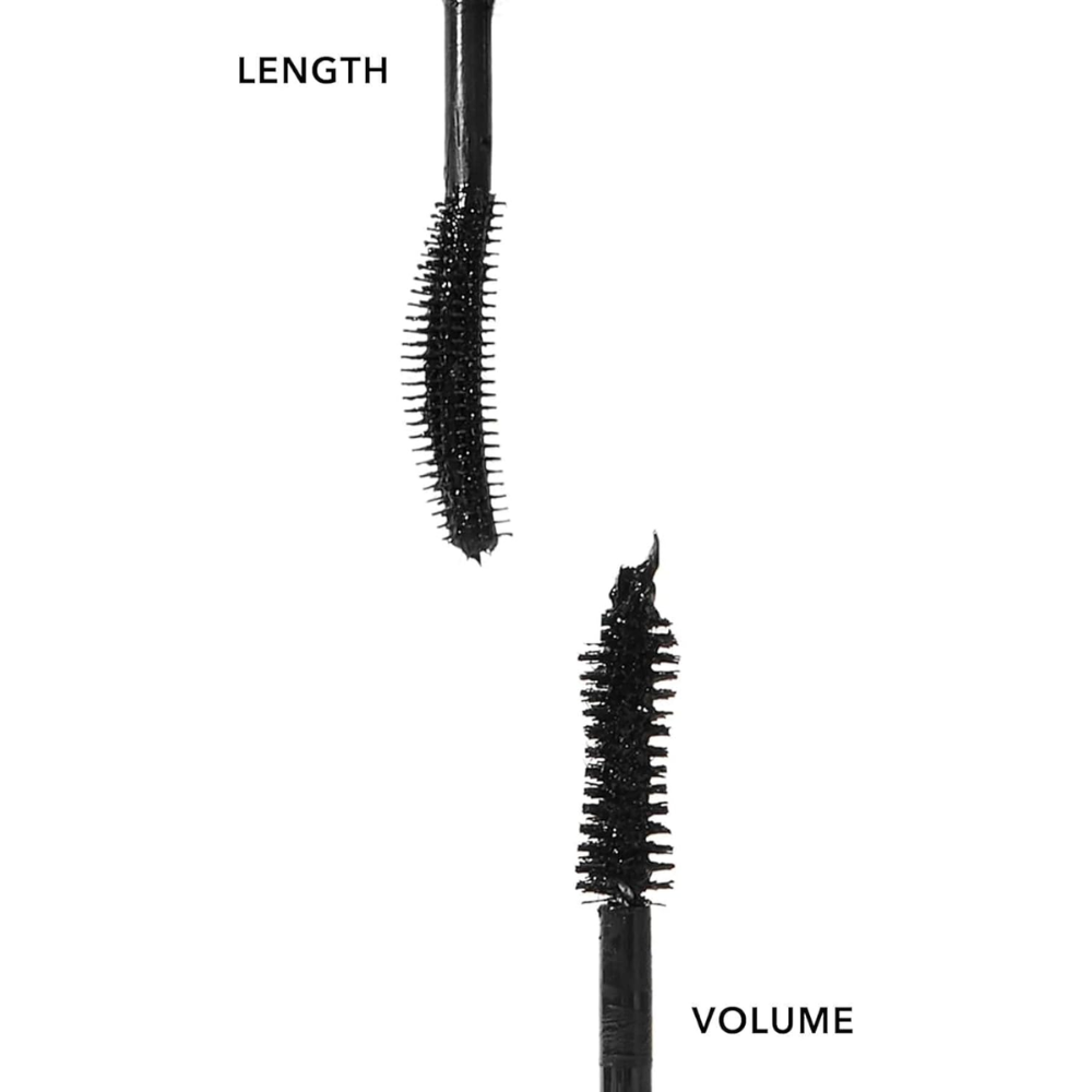 Sheglam All-In-1 Volume & Length Mascara wand showing black mascara on bristles for lifted, voluminous lashes.