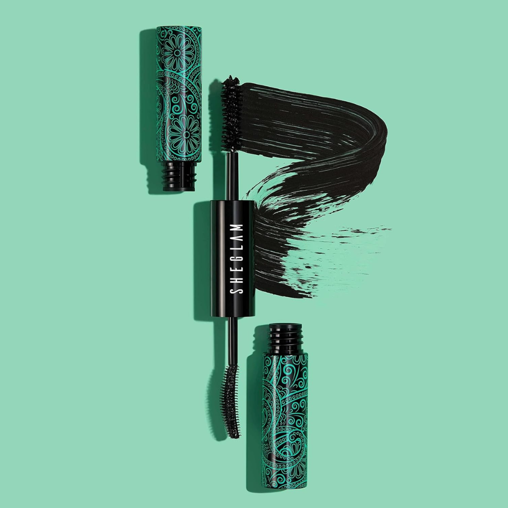 Sheglam All-In-1 Volume & Length mascara brush with black mascara on natural eyelashes, showcasing full, defined lash look.