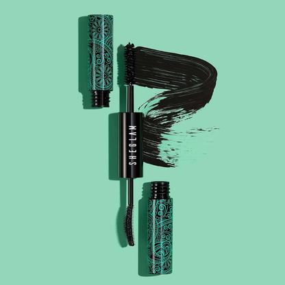 Sheglam All-In-1 Volume & Length mascara brush with black mascara on natural eyelashes, showcasing full, defined lash look.