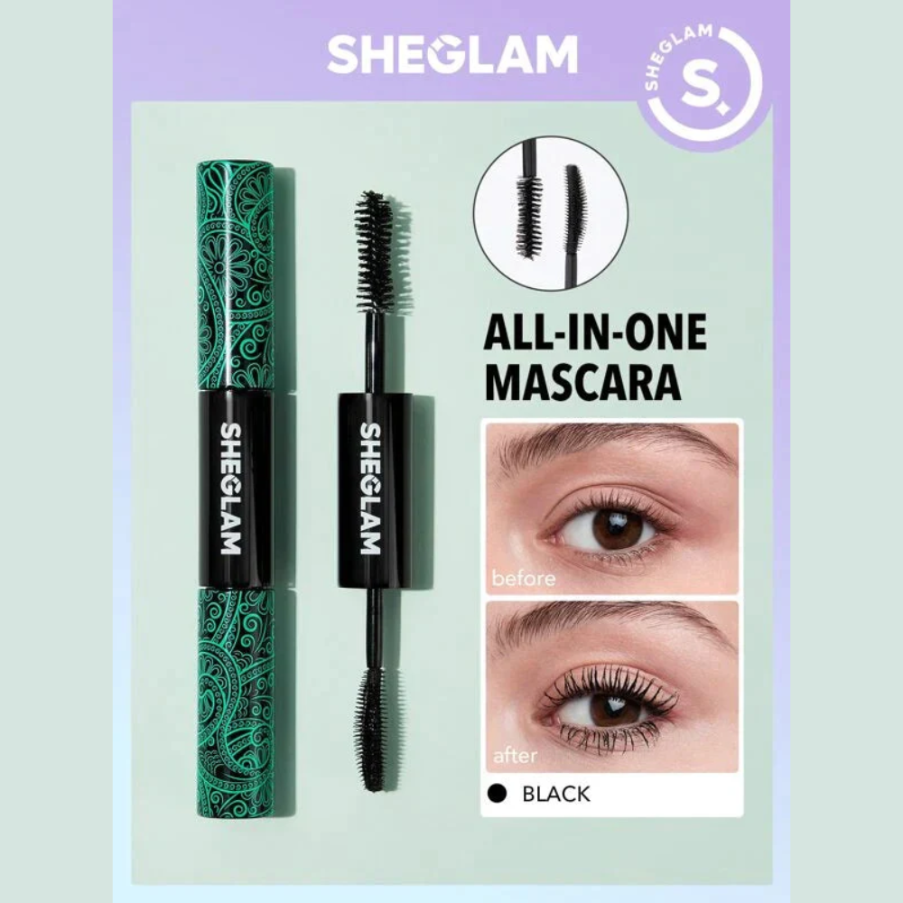 Sheglam All-In-1 Volume & Length Mascara showcasing the black mascara tube and brush applicator.