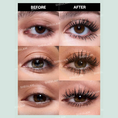Sheglam All-In-1 Volume & Length Mascara wand with black mascara on bristles, showcasing makeup product for enhanced lashes.