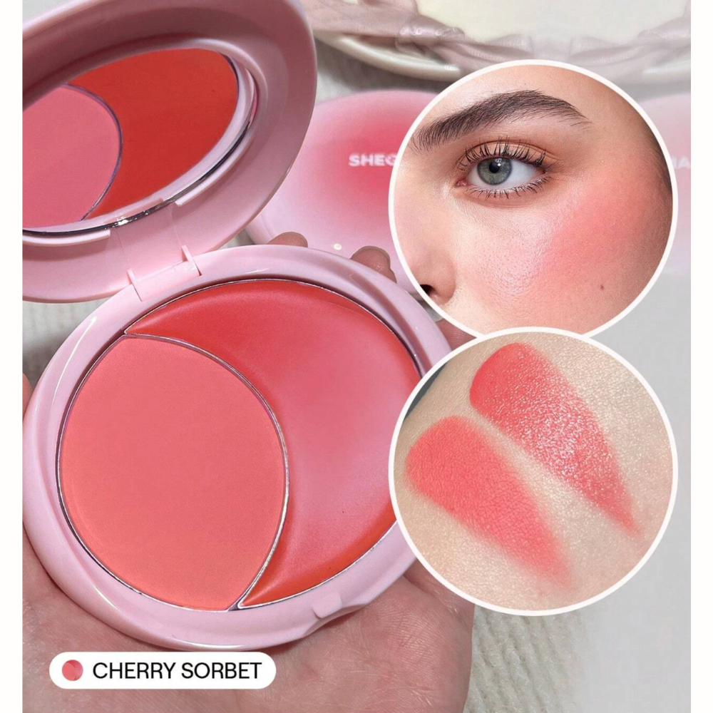 Sheglam Cheek 2 Cheek blush duo in Cherry Sorbet with cream and powder blush shades, featuring vibrant pink and coral tones.