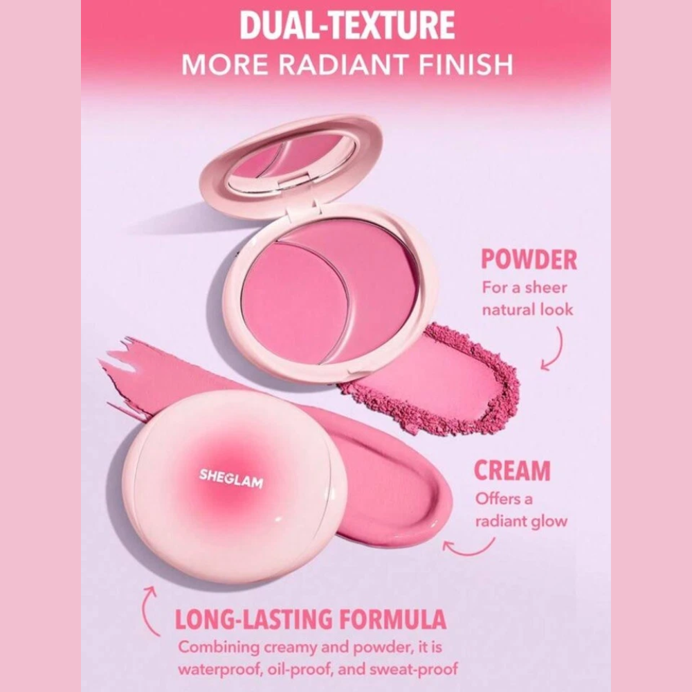 Sheglam Cheek 2 Cheek blush duo in Cherry Sorbet with cream and powder blushes, featuring vibrant red and soft pink shades.