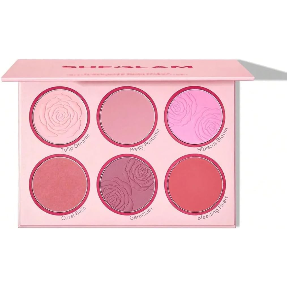 Sheglam Floral Flush Blush Palette featuring a variety of blush shades in an 18g makeup compact.