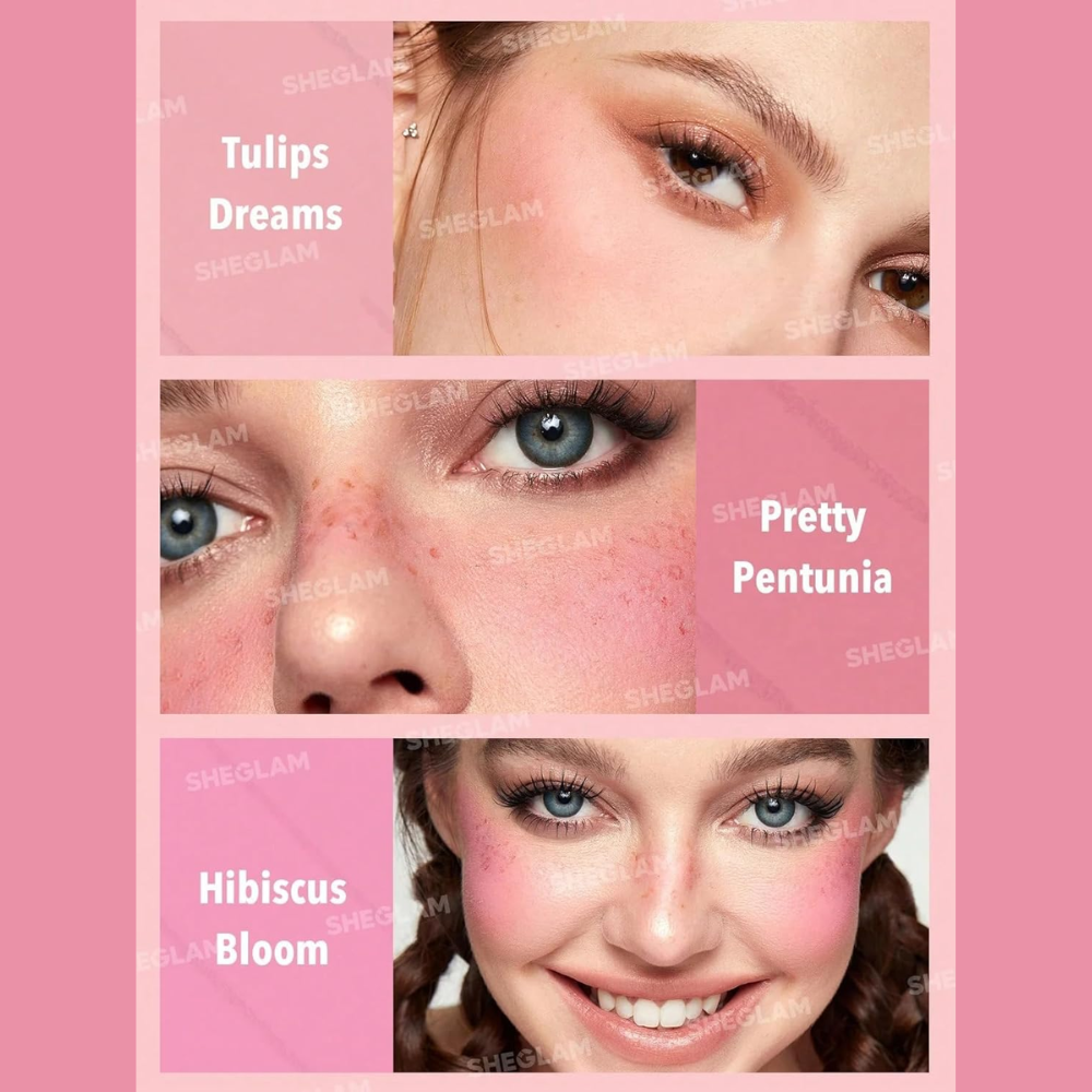 Sheglam Floral Flush Blush Palette with 18g of colorful blush shades in a floral-themed makeup palette.