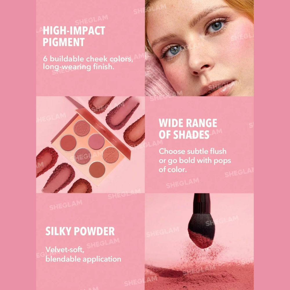 Sheglam Floral Flush Blush Palette with 18g of colorful blush shades in a floral-inspired makeup palette.