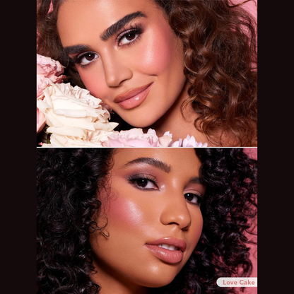 Sheglam color liquid blush in Love Cake, 5.2ml, showcasing the vibrant pink shade and sleek packaging of the makeup product.