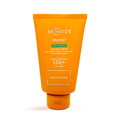 Skinside Niacinamide Sun Gel Cream SPF50+ in a 50ml tube, lightweight facial sun protection with brightening ingredients.