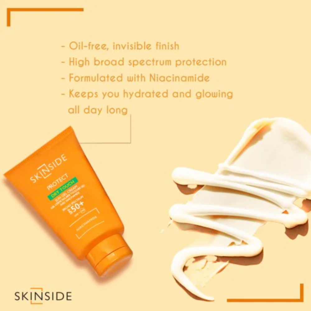 Skinside Niacinamide Sun Gel Cream SPF50+ in a 50ml tube, facial skincare product with lightweight, protective sun protection.