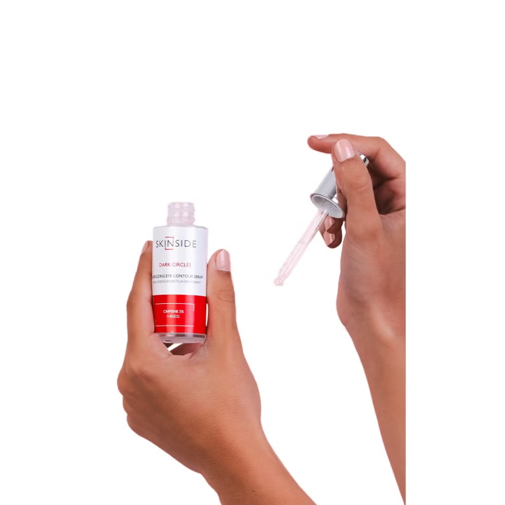 Skinside eye contour serum with caffeine in 20ml bottle, designed for eye care and reducing puffiness and dark circles.