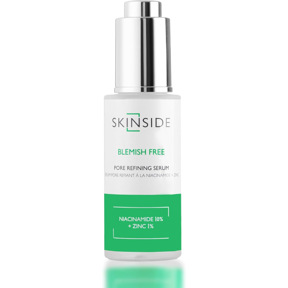 Skinside niacinamide and zinc facial serum bottle, 25ml, for clear, healthy skin and oil control in skincare routine.