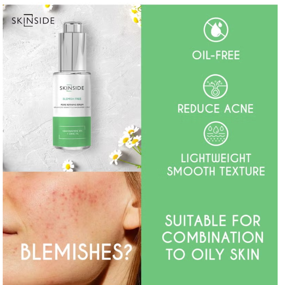 Skinside niacinamide and zinc facial serum bottle, 25ml, with dropper cap for skincare application.