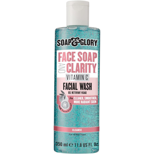 Soap & Glory Face Soap and Clarity 3-in-1 Vitamin C facial wash in a 350ml bottle, designed for daily detox and skin refreshment.