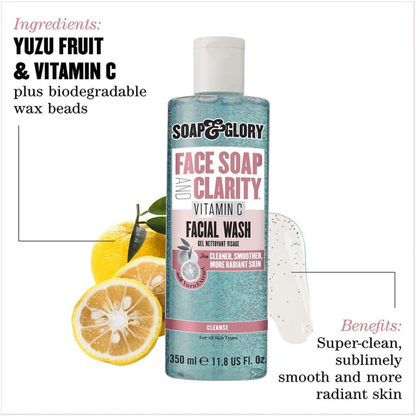 Soap & Glory Face Soap and Clarity 3-in-1 Vitamin C facial wash in a 350ml bottle, designed for daily detox and cleansing.