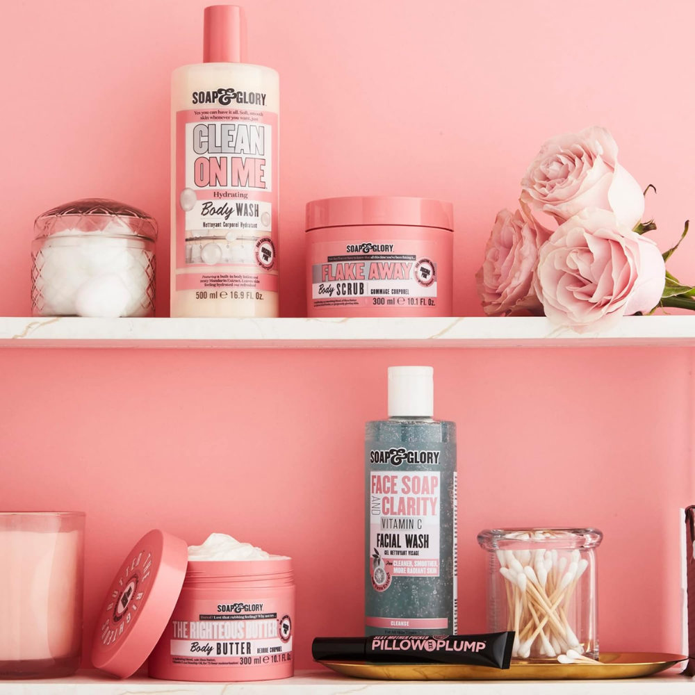 Soap & Glory Face Soap and Clarity 3-in-1 Vitamin C facial wash in a 350ml bottle, showing the product's packaging and label.