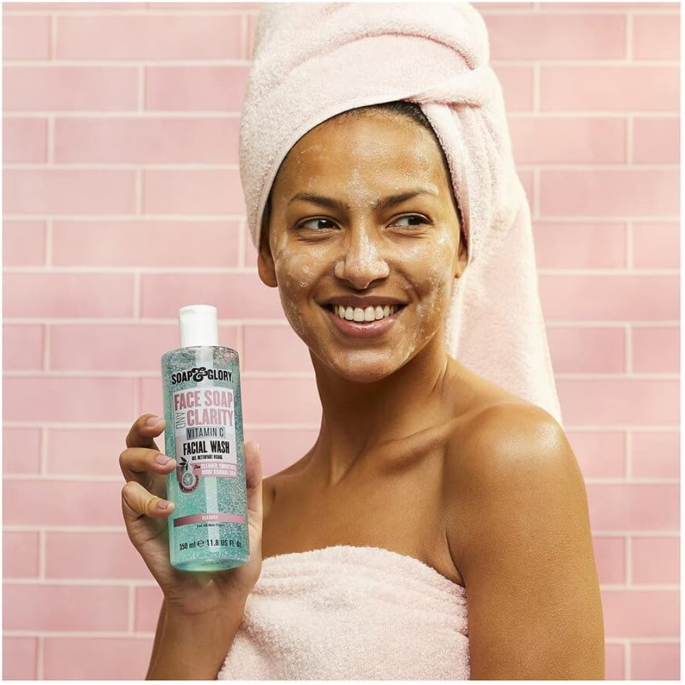 Soap & Glory Face Soap and Clarity 3-in-1 Daily Detox Vitamin C Facial Wash bottle, 350 ml, with a vibrant orange label.