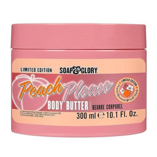 Soap & Glory Peach Body Butter 300ml jar with creamy peach-scented moisturizer for smooth, nourished skin.