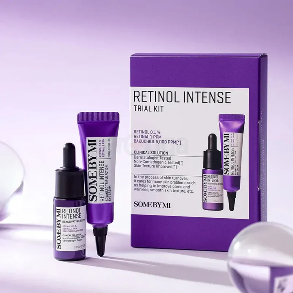 Somebymi Retinol Intense Trial Kit 10ml, facial care set with small bottles of retinol treatment for skincare testing.