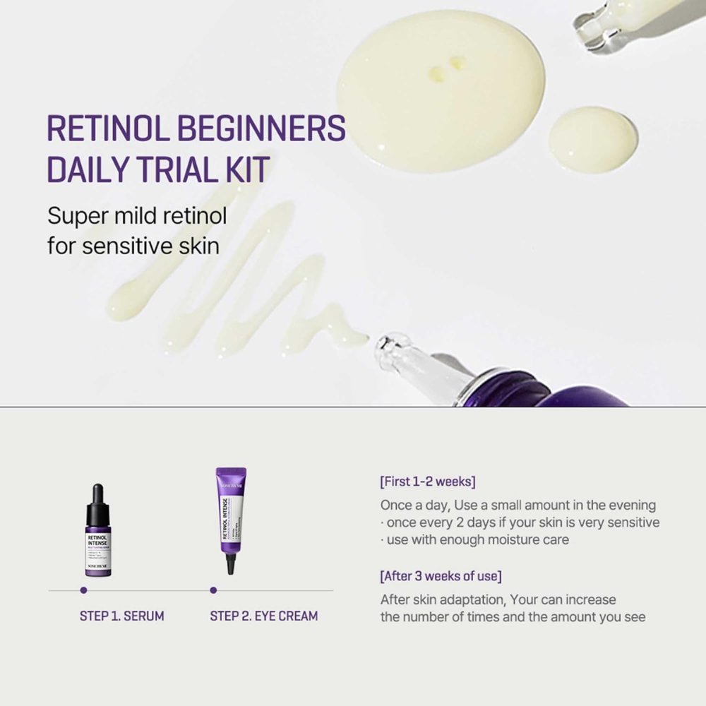 Somebymi Retinol Intense Trial Kit in 10ml with facial care products displayed, featuring bottles and packaging.