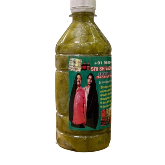 Sri Shiva Shakti Herbal Hair Oil with 108 herbs for Indian hair lengthening and thickening in a 500ml bottle.