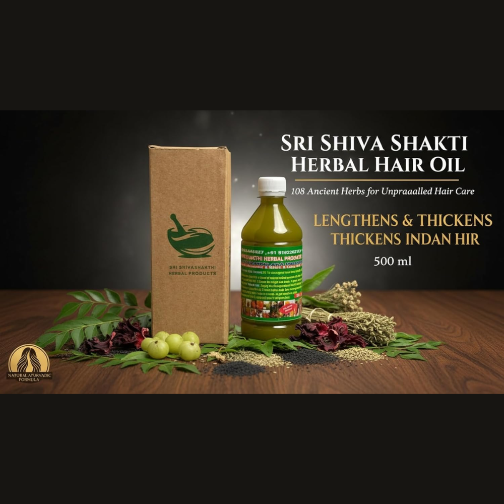 Sri Shiva Shakti Herbal Hair Oil with 108 herbs in a 500ml bottle, designed for Indian hair lengthening and thickening.