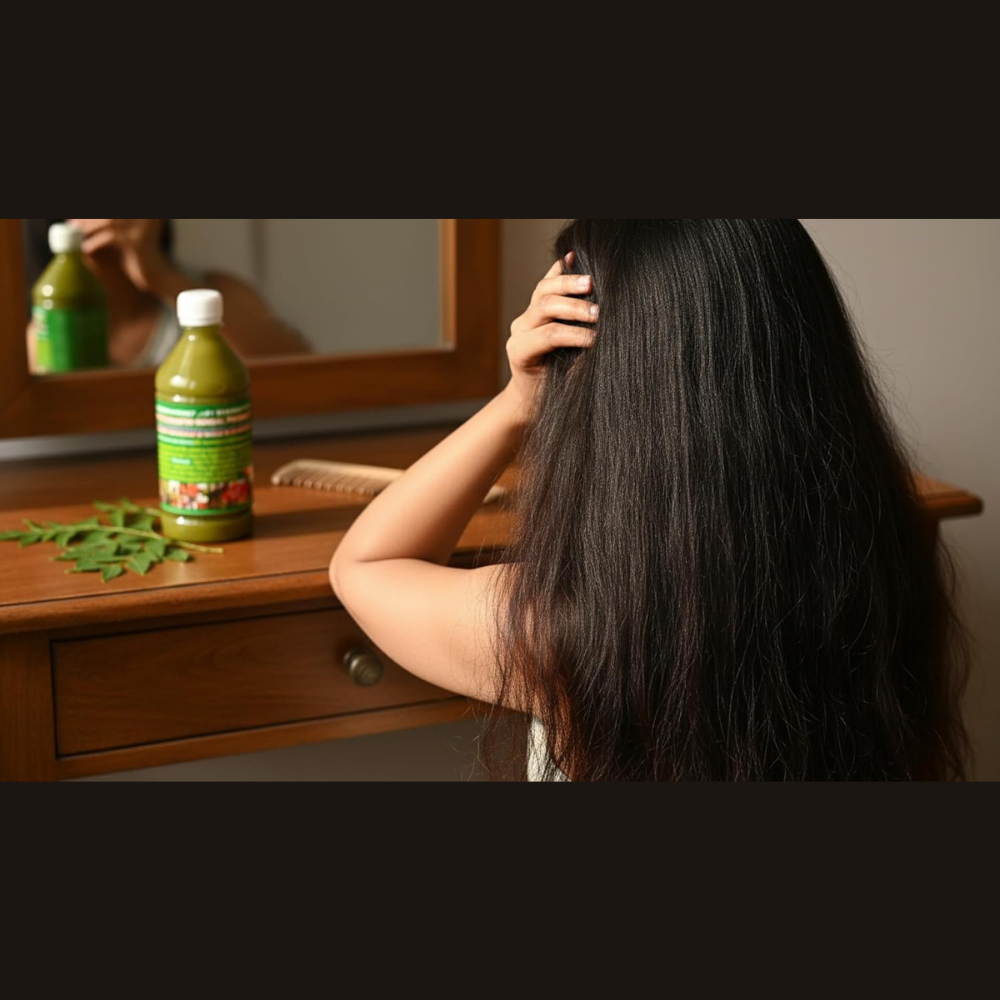 Sri Shiva Shakti Herbal Hair Oil with 108 herbs in a 500ml bottle, designed for Indian hair lengthening and thickening.