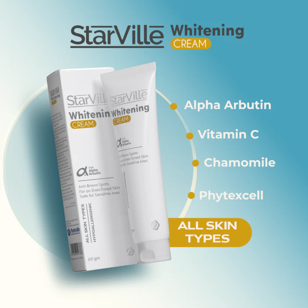 Starville Whitening Cream 60g for facial skin care, showing the jar with the product label and cream inside.