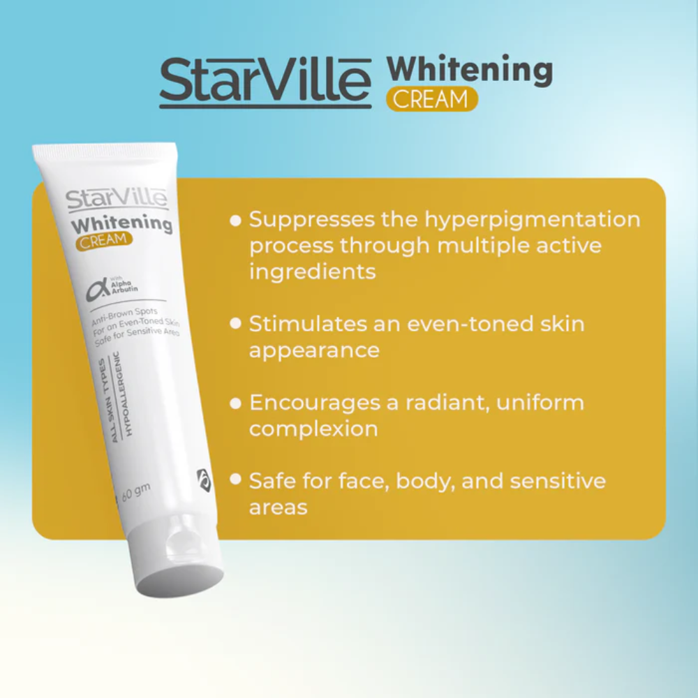 Starville Whitening Cream 60g jar with a smooth, creamy facial skincare product for brightening and skin renewal.