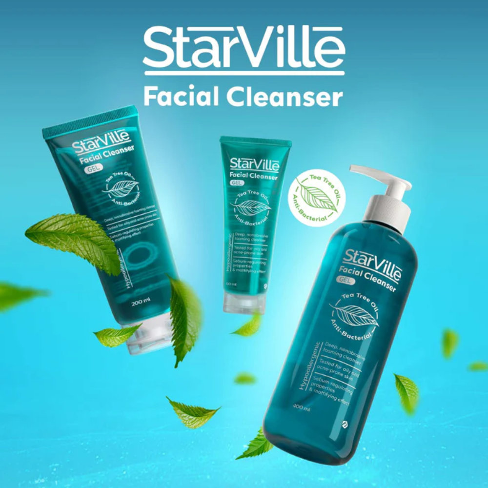 Starville facial cleanser gel for acne-prone skin, showing the clear gel in a white tube with blue accents.