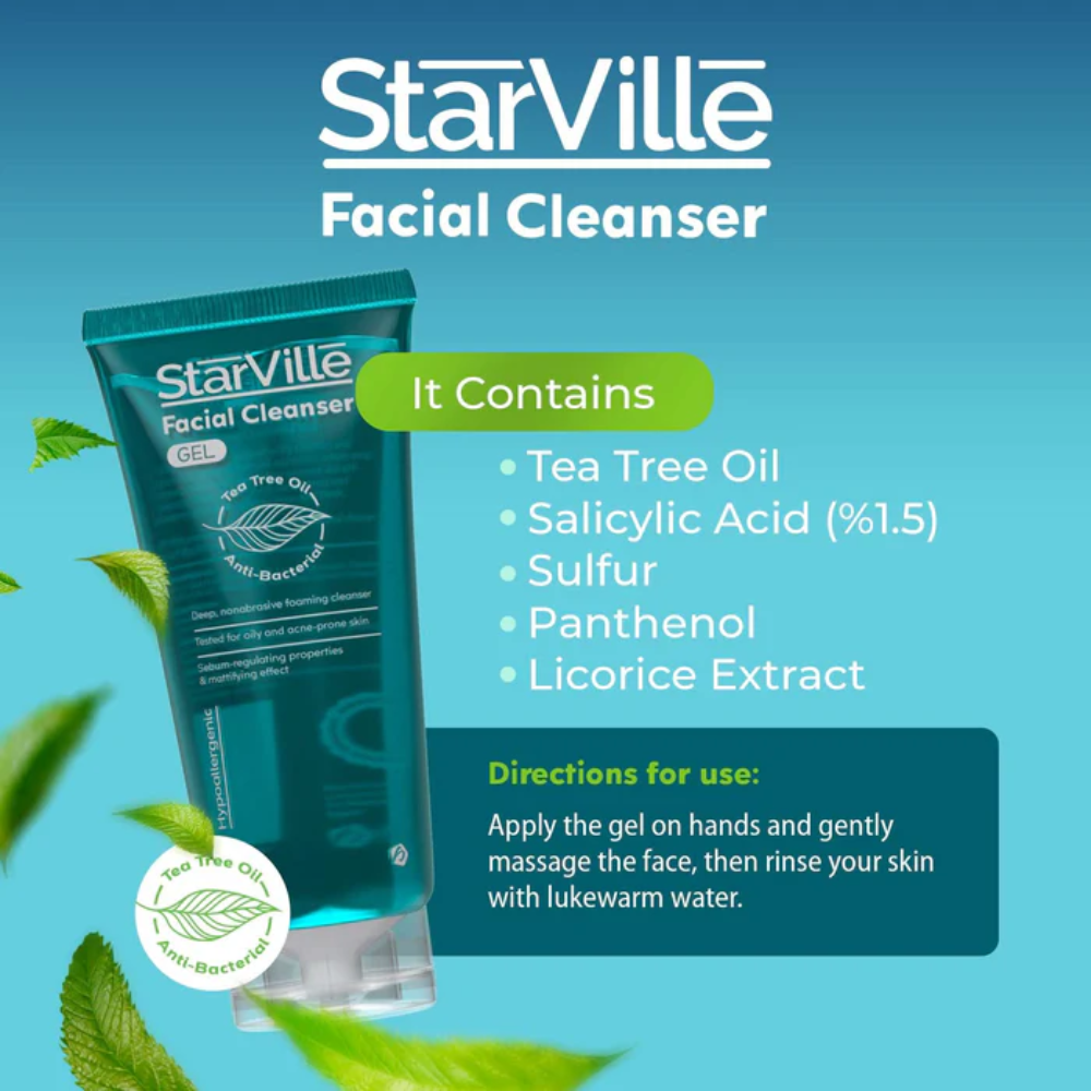 Starville facial cleanser gel for acne-prone skin, showing the clear gel in a tube with the product label.