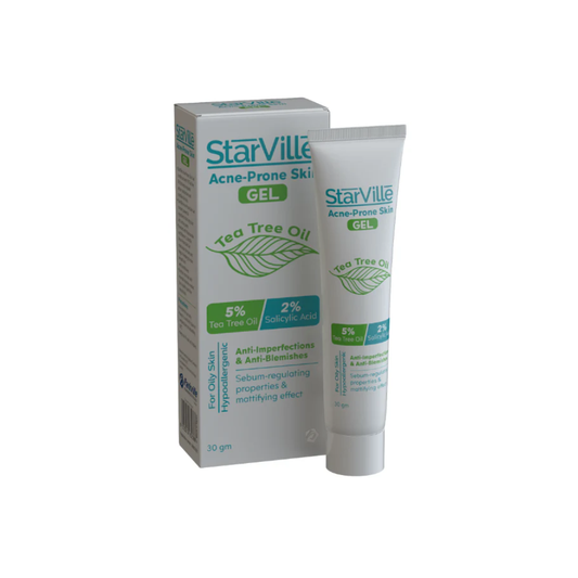 Starville acne-prone skin gel for oily skin in 30g tube, facial care product designed to reduce excess oil and acne.