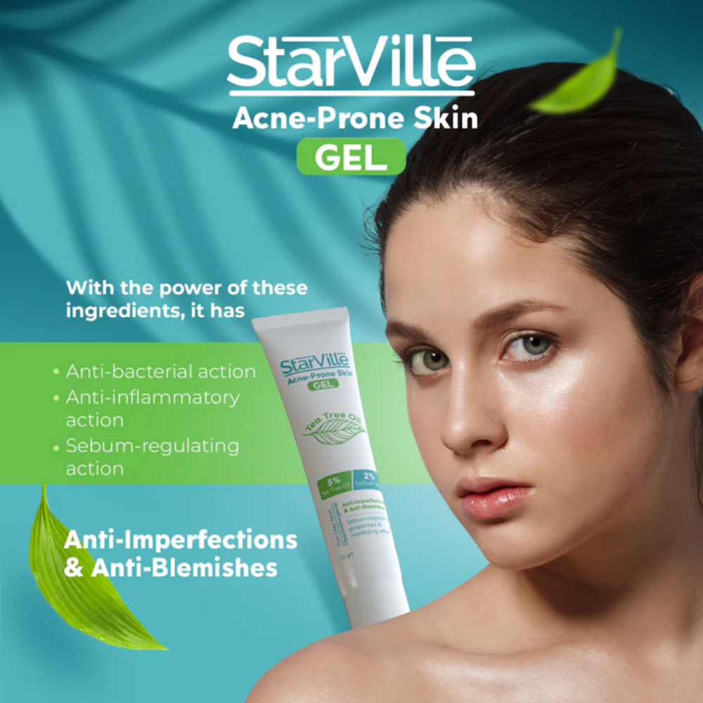 Starville Acne Prone Skin Gel for oily skin, 30g, facial care product with clear gel texture in a white and green tube.
