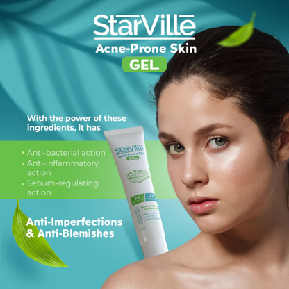 Starville Acne Prone Skin Gel for oily skin, 30g, facial care product with clear gel texture in a white and green tube.