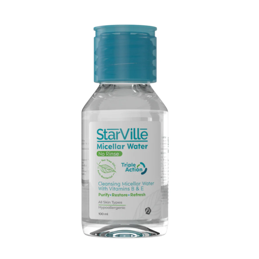 Starville Micellar Water 100 ml bottle, facial cleansing water with gentle formula, clear liquid in a transparent container.