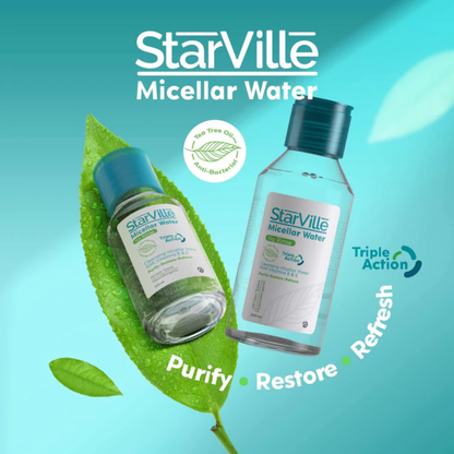 Starville Micellar Water 100ml bottle with clear label, used for facial cleansing and refreshing skin.