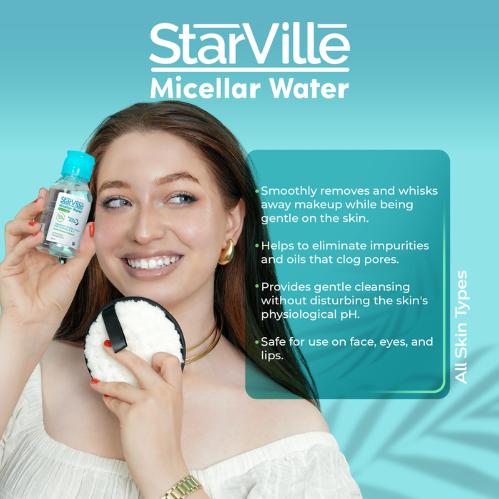 Starville Micellar Water 100ml facial cleanser in a clear bottle with a white cap, gentle skincare product for removing makeup and dirt.
