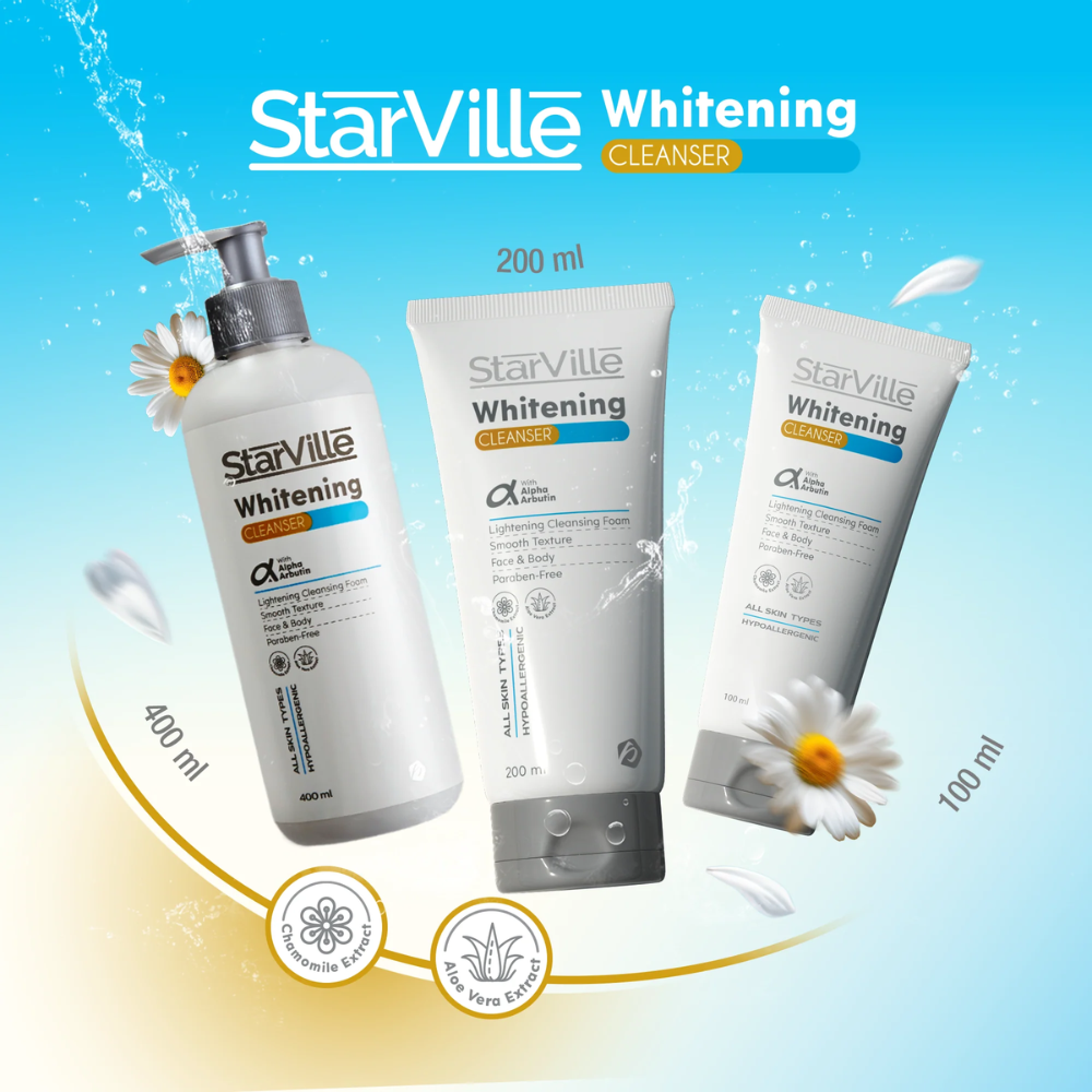 Starville Whitening Cleanser bottle for facial care with brightening formula and clear label, placed on a clean bathroom counter.