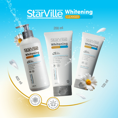 Starville Whitening Cleanser bottle for facial care with brightening formula and clear label, placed on a clean bathroom counter.