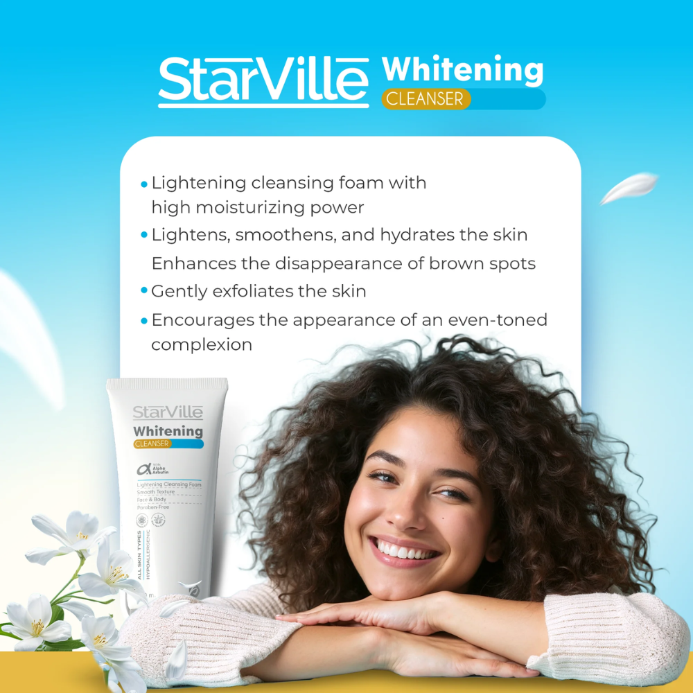 Starville Whitening Cleanser in a white tube with blue accents, displayed on a clean bathroom countertop.