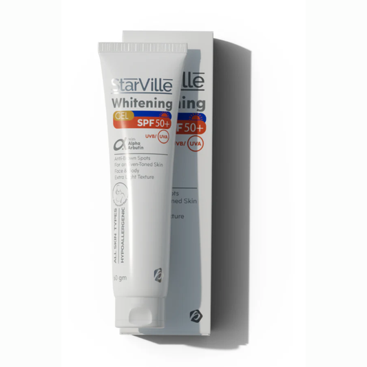 Starville Whitening Gel SPF 50 facial care product in 60g tube, showing the packaging and branding for skin whitening and sun protection.