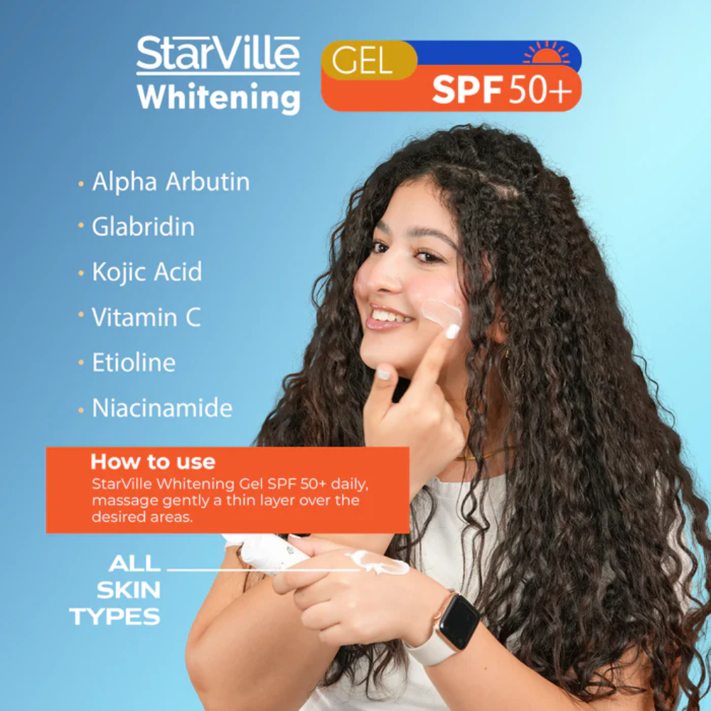 Starville Whitening Gel SPF 50 in 60g tube, facial care product with brightening and sun protection features.
