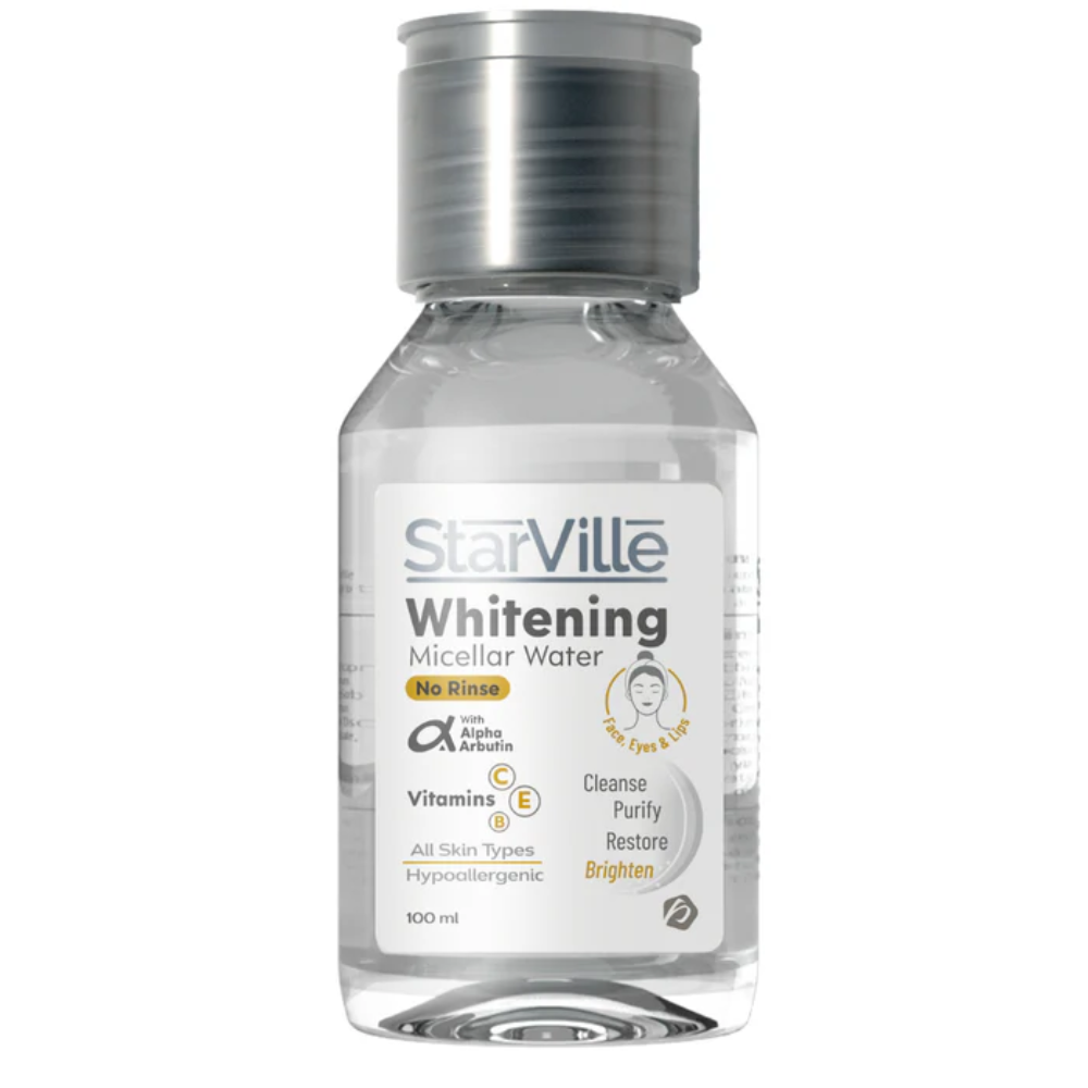Starville Whitening Micellar Water 100ml for facial cleansing, featuring clear liquid in a white bottle with blue accents.