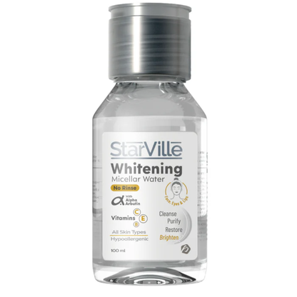 Starville Whitening Micellar Water 100ml for facial cleansing, featuring clear liquid in a white bottle with blue accents.