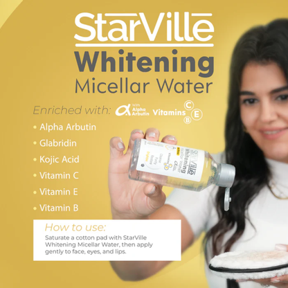 Starville Whitening Micellar Water 100ml for facial cleansing, featuring clear bottle with white cap and product label.