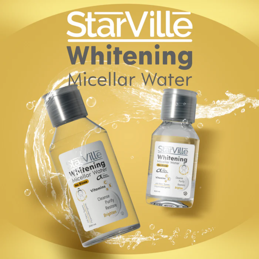 Starville Whitening Micellar Water 100ml for facial cleansing, featuring clear bottle and gentle formula for brightening skin.